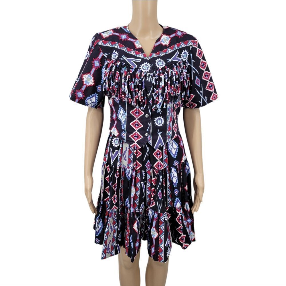 Circle T Vintage Western Aztec Print Fringe Crop Top And Skirt Matching Set